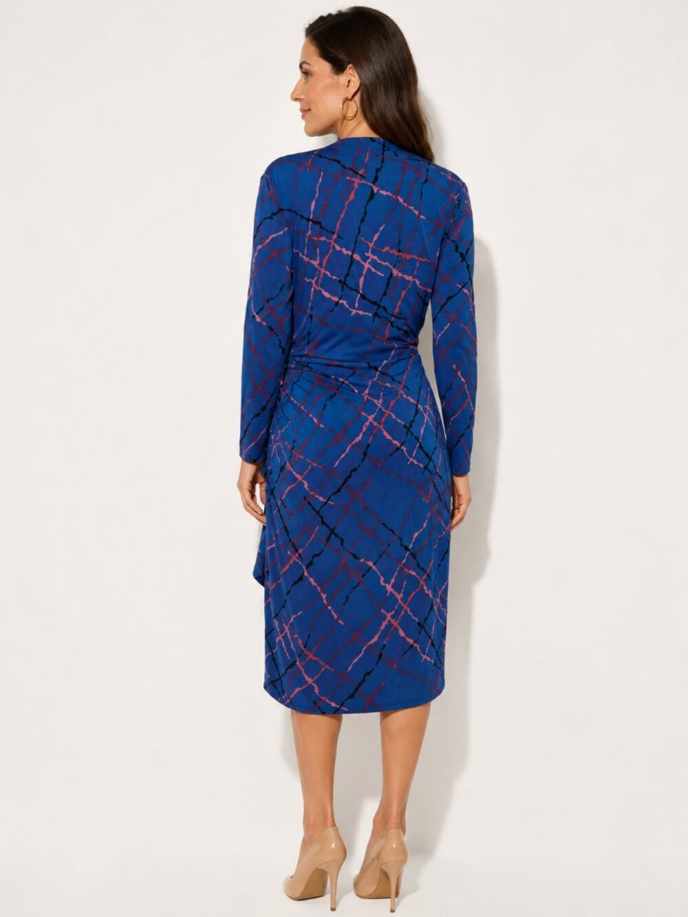 Classic Feminine Ruched Midi Dress Blue Abstract Print Workwear Office Chic 10 - Picture 3 of 16